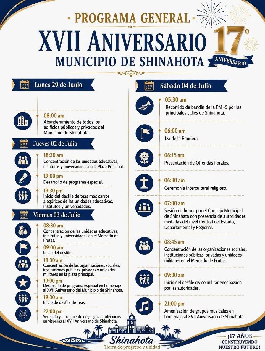 🎉 LE PRESENTAMOS EL PROGRAMA GENERAL POR EL XVII ANIVERSARIO DEL MUNICIPIO DE #SHINAHOTA